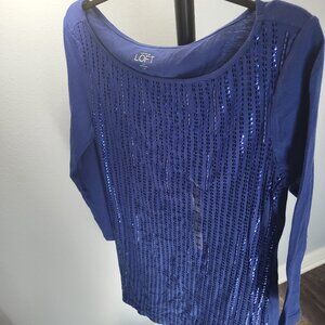Ann Taylor Loft New Blue 3/4 Sleeve T-Shirt, Sequin Detail on Front, Size XS